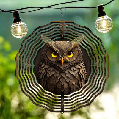 Laser Cut Metal Wind Spinner 2D Mandala Owl Design Outdoor Garden Decor Hanging Sculpture with Holographic Effect Creative Gift