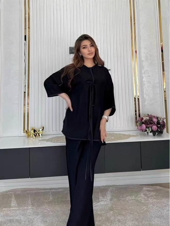 2025 Summer Women's Casual Fashion Set with Tie Design - Solid Color, European & American Style, Muslim-Friendly