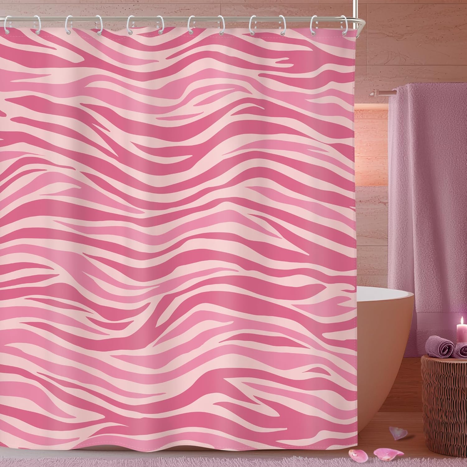

Pink Zebra Print Shower Curtain Retro Girly Animal Pattern Waterproof Polyester Bathroom Decor with 12 Hooks 90x180cm35x71in