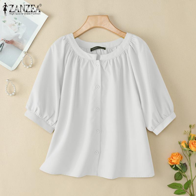 ZANZEA Women Casual Round Neck Loose Summer Short Sleeve Blouse