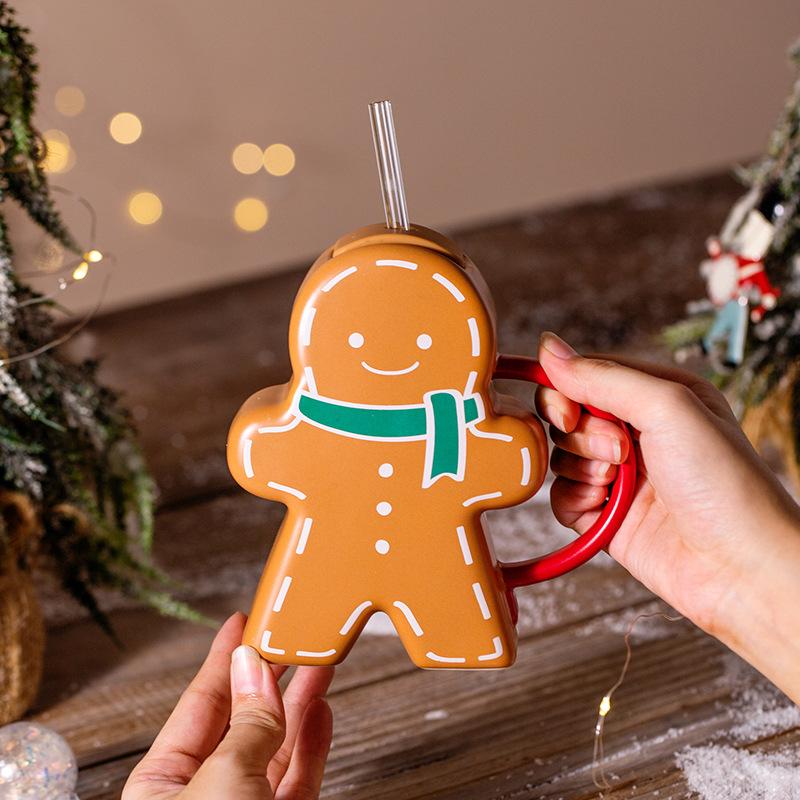 Cute Cute Gingerbread Man Ceramic Water Cup Girl Couple Christmas Gift Office Home Afternoon Tea Water Cup
