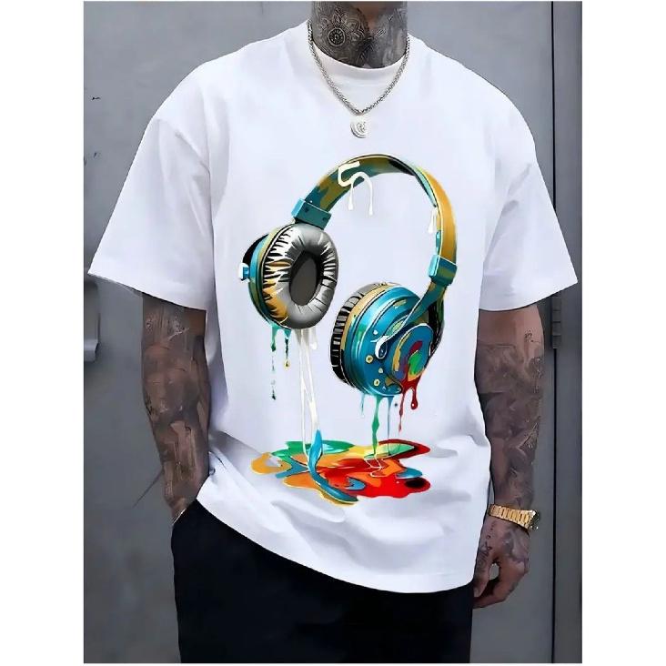 Ανδρικό Γραφικό T-Shirt Μουσικής & Τέχνης - Σχέδιο με Ακουστικά & Εκτόξευση Χρώματος με Κυματομορφή Ήχου & Ρυθμό Εμπνευσμένο από DJ, Βαμβακερό Χαλαρή Εφαρμογή Διαπνέον