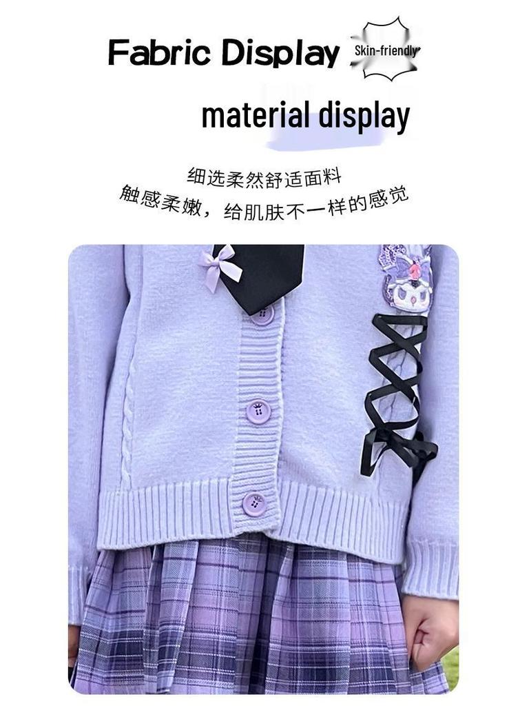 Kuromi School Style Girls' Cosplay Outfit: Sweater, Shirt, Plaid Skirt - Three-Piece Set for Spring/Autumn Performance.