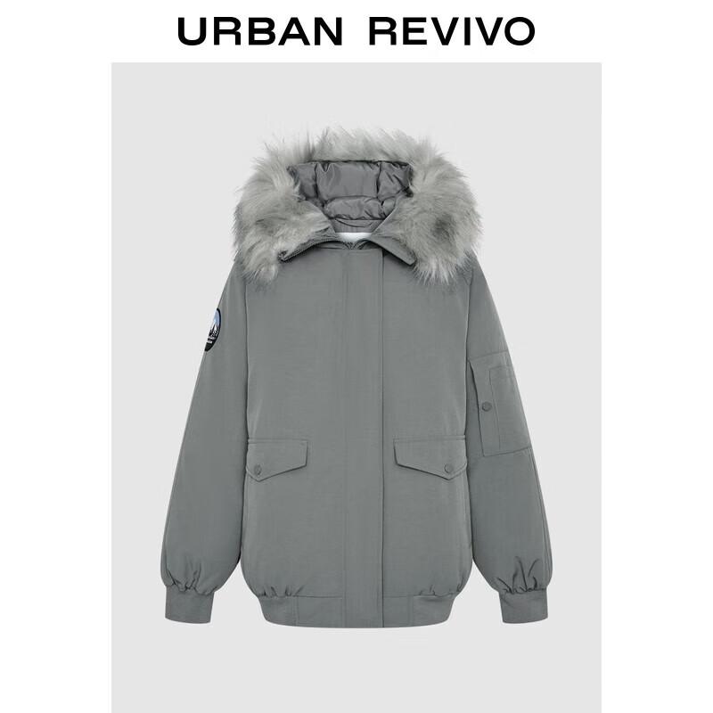 

Женский пуховик UR свободного стиля с капюшоном и меховым воротником