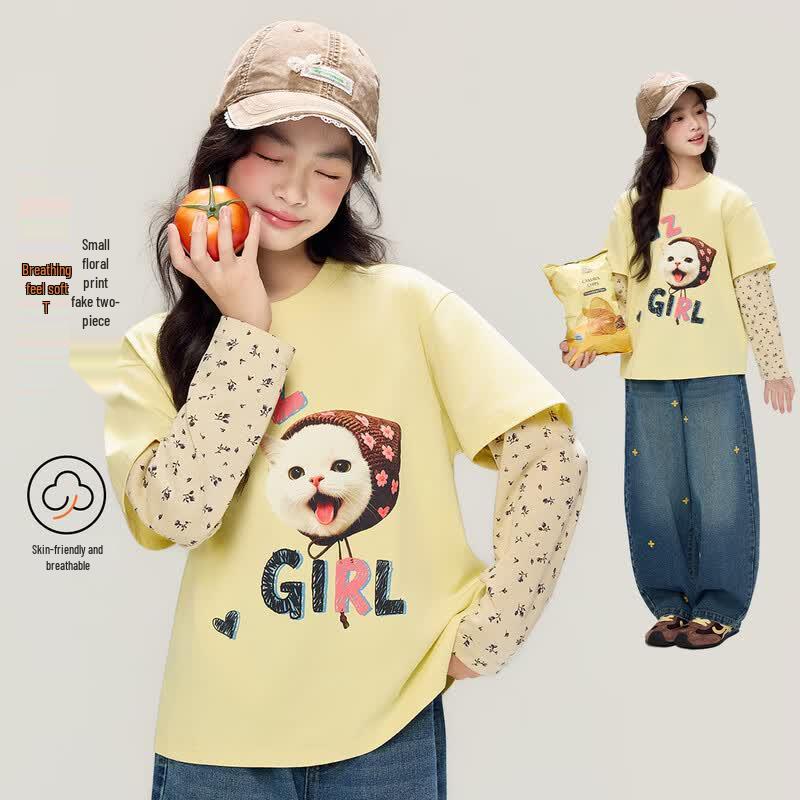 Girls' Fake Two-Piece Floral Long-Sleeve T-Shirt