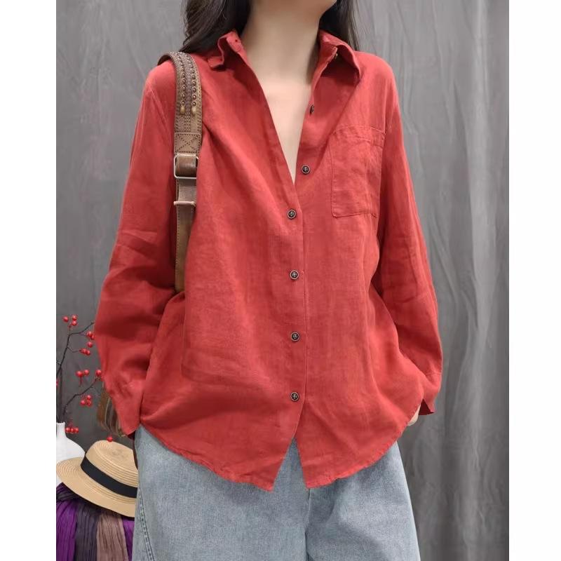 women's Vintage Washed Cotton Linen Loose Long Sleeve Shirt Casual Pocket Blouse Daily Wear Top