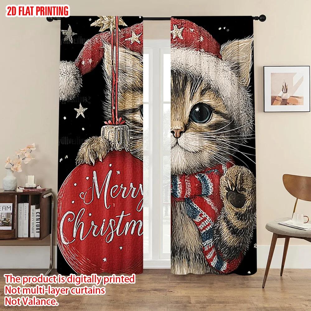 2pcs, plane printing Curtains&Window Treatment Santa Hat Red Cat_ Lantern & Snowflakes Versatile Polyester Fabric (without
