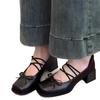 Französische Ballerinas mit dickem Absatz kleine Lederschuhe 2025 neu Schleife leichter Ausschnitt Retro eckige Zehenpartie Mary Jane Schuhe Damen