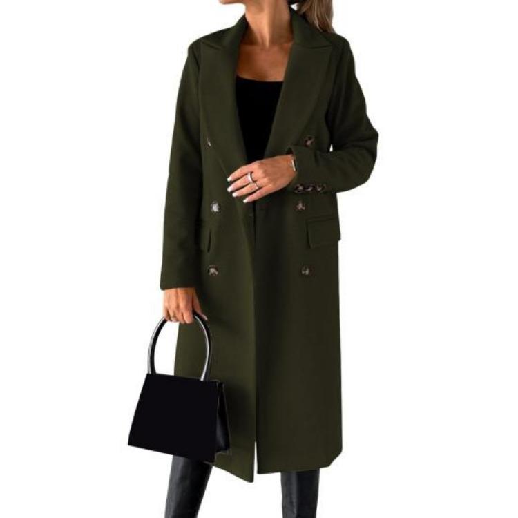 

Women Thermal Woolen Overcoat Mid Length Double Breasted Turn Down Collar Solid Color Long Sleeved Jacket for Commuting Dating Spring Fall and Winter 3XL армія зелений колір