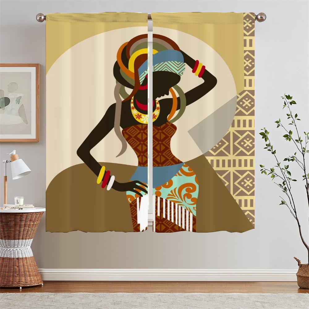 African Woman Painting Curtain Tulle in Kitchen Curtains Bedroom Curtains 2 Pieces Blackout Curtain for Living Room Decoration