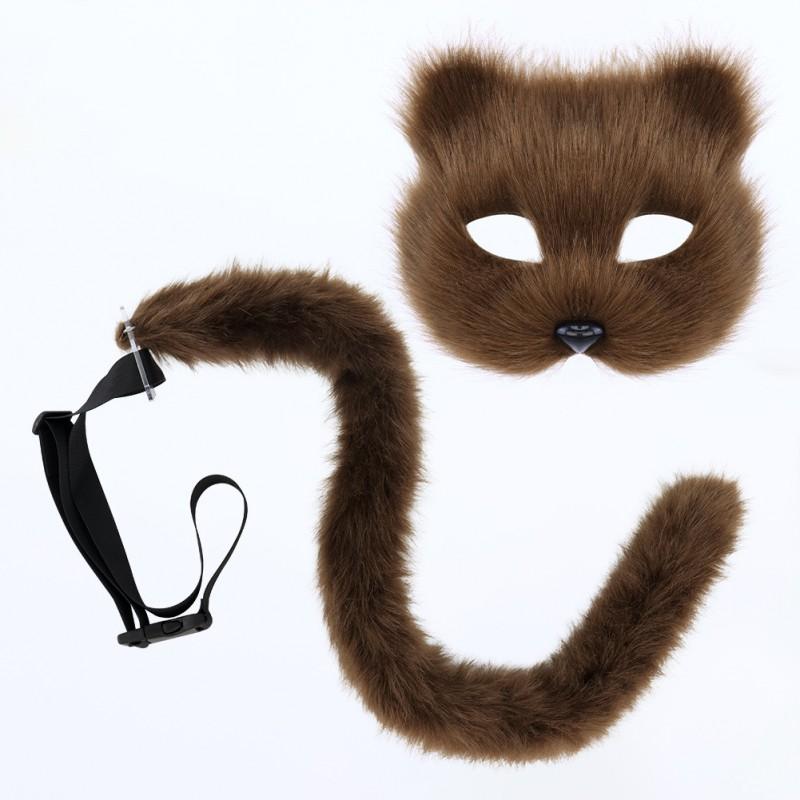 Handmade Plush Cat Mask Tail Set Cosplay Costume Party Dress Up Accessory