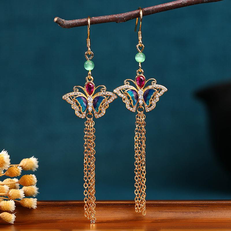 

Original Chinese Style 925 Sterling Silver Butterfly Stud Earrings with Long Tassel for Women Electroplated Gold