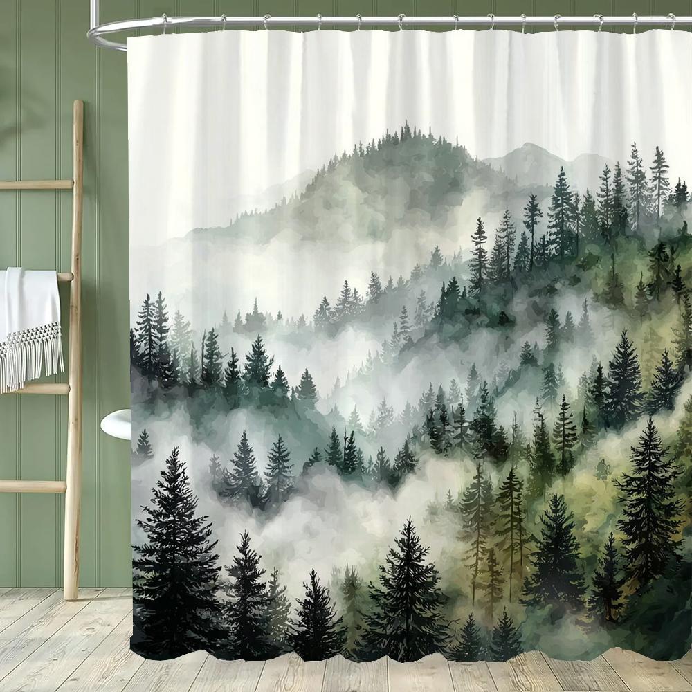 Misty Mountain Shower Curtain: Embrace the Serene Design, Soft Fabric, Natural Landscape Bathroom Decorative Curtain With Hooks