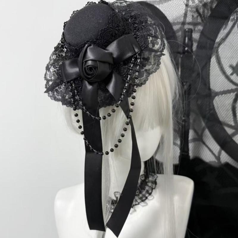 Gothic Lolitas Top Hat Hair Clips Headdress Rose Lace Beaded Headwear Subcultures Hair Accessories Halloween Cosplay