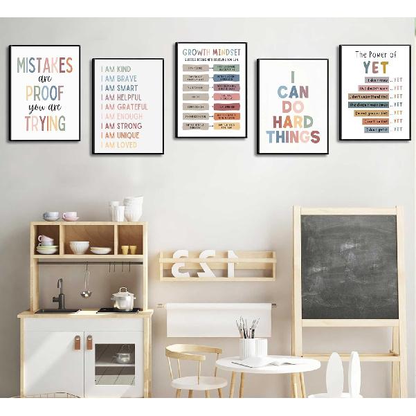 6Pcs Educational Growth Mindset Wall Art Kids Mental Health Therapy Canvas Paintings Positive Affirmations Wall Decor Boho Motivational Quotes