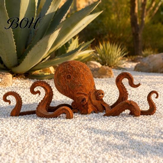 Rust-mottled Octopus Ornament Rust Patina Giant Squid Garden Sculpture, Handmade Metal Statue for Beachfront Villa Decoration Outdoor Lawn, Patio, and