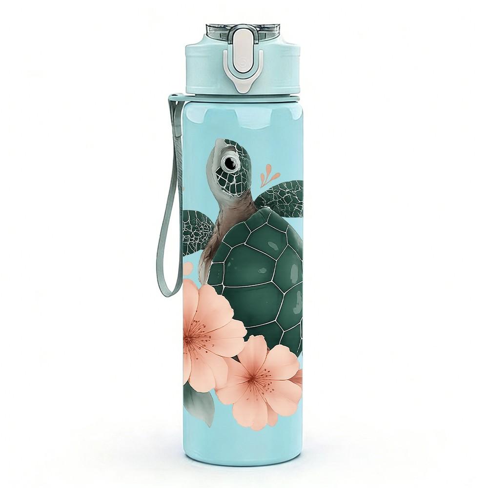 1 Stück Florales Meeresschildkröten-Print 750ml Farbe Kunststoff Sport-Wasserflasche Auslaufsicher Klappdeckel mit Strohhalm Geeignet für Sport Büro Heimgebrauch
