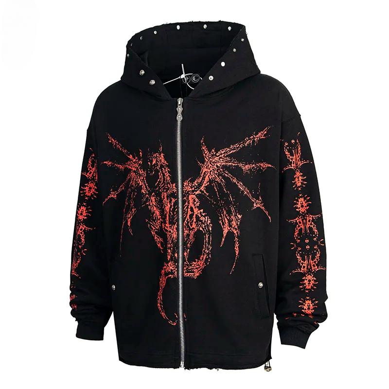 EastRogue Heavyweight Star Moon Dragon Bone Satan Devil Print Zipper Hooded Open-Front Sweatshirt Men's Jacket