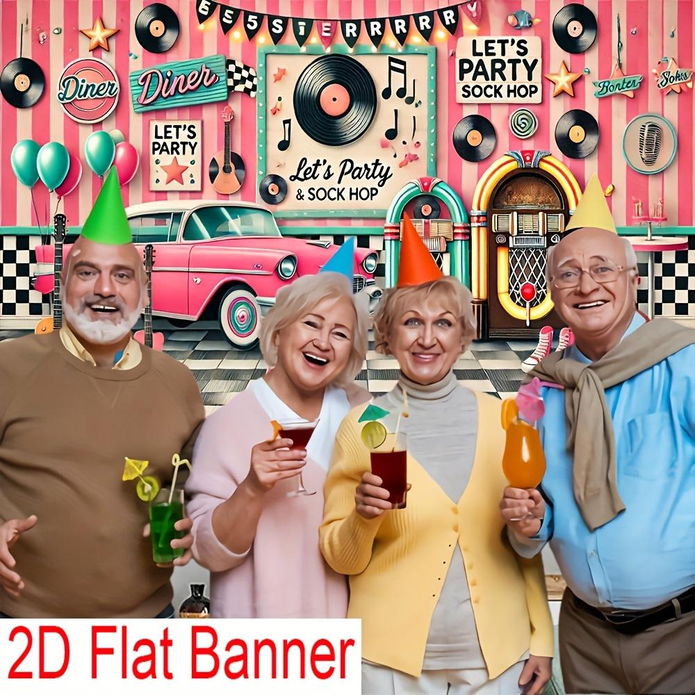 Pink Car and Vintage Music-themed Party Backdrop Fabric Made of Durable Polyester Fiber Material