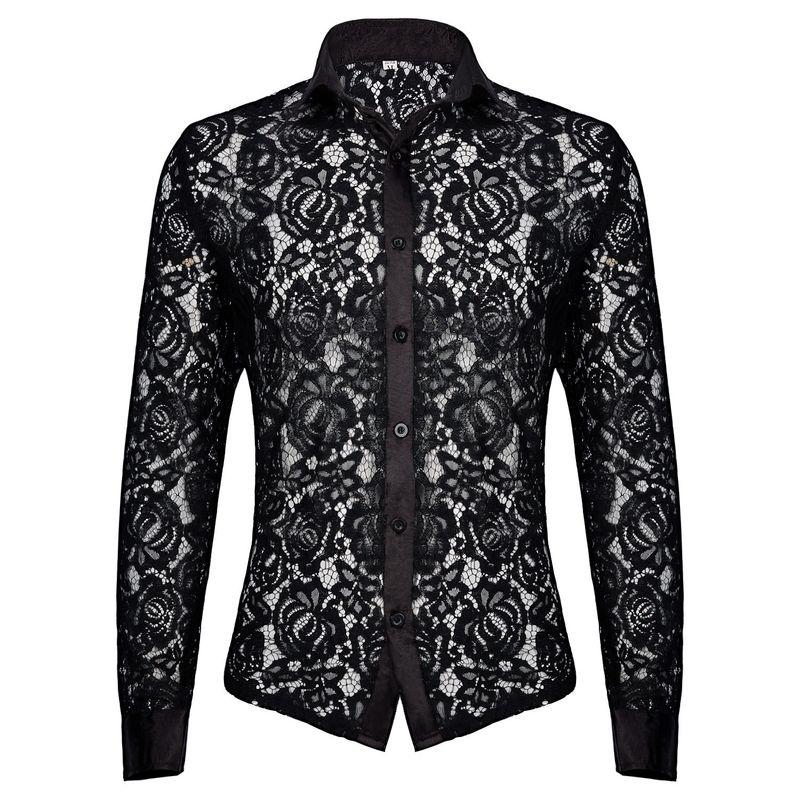 Foreign Trade Amazon Medieval Retro Style Men s See-Through Floral Lace Transparent Shirt Long-Sleeved Button-Down Shirt Lace Shirt-Black S
