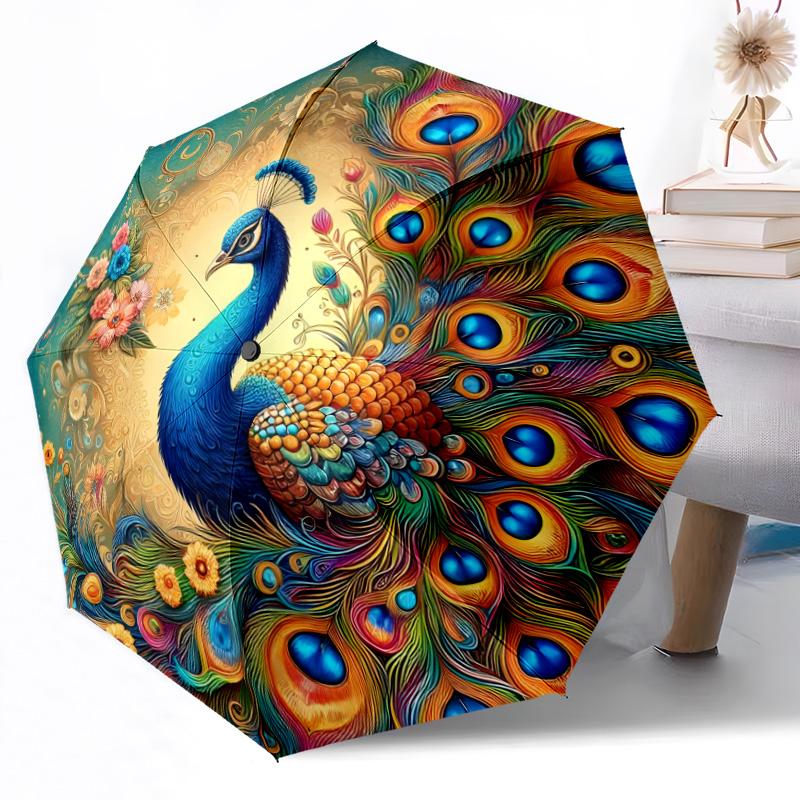 Peacock Elegance In Bloom Compact Travel Automatic Umbrella Folding Umbrella with 8 Ribs Lightweight for Women/Men Compact Folding Umbrella