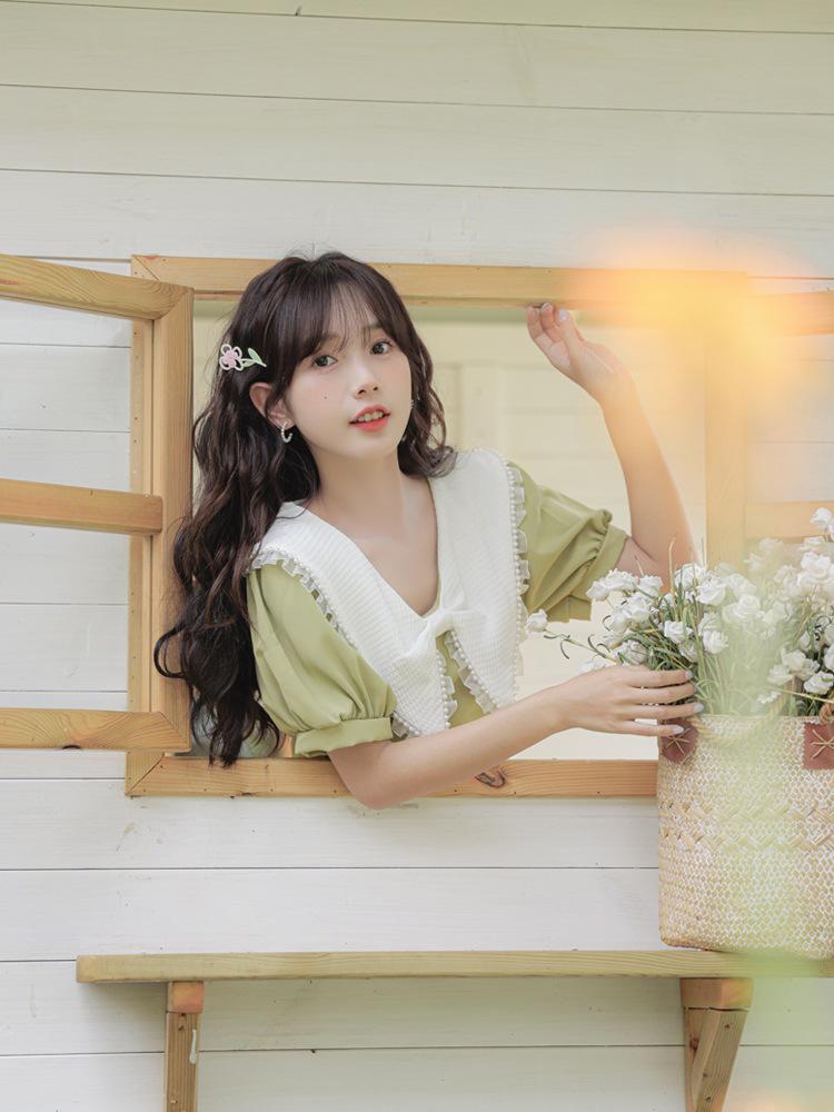 

Летнее сладкое длинное приталенное платье для девочек с пышными рукавами и воротником-стойкой XL зелёный