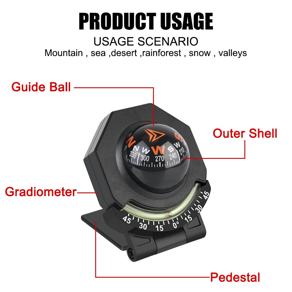 Compass for Vehicle Boat Car Dashboard Compass With Slope Meter 2-In-1 Car Mount Compass Ball Foldable High Precision Navigation