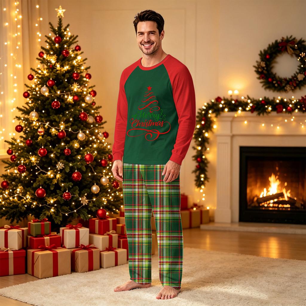 Family Matching Christmas Printed Pajama Set Long Sleeve Neck Top and Pants for Women Men Kids