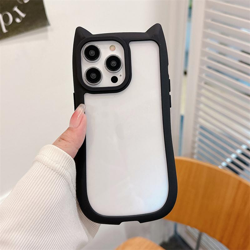 INS Cute Cartoon Cat Ear Clear Acrylic Case For iPhone 15 14 13 12 Pro Max 11 Soft Bumper Shockproof Transparent Hard Back Cover