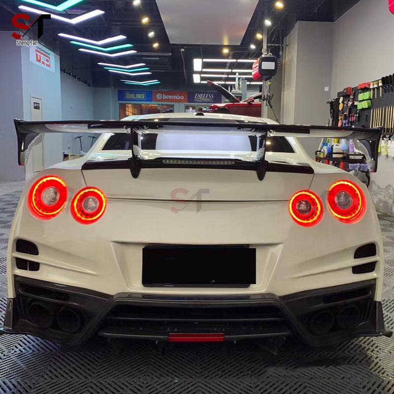 Compatible Nissan GTR35 Carbon Fiber Rear Spoiler - Double Layer Aerodynamic Wing with Lights and Stabilizer.