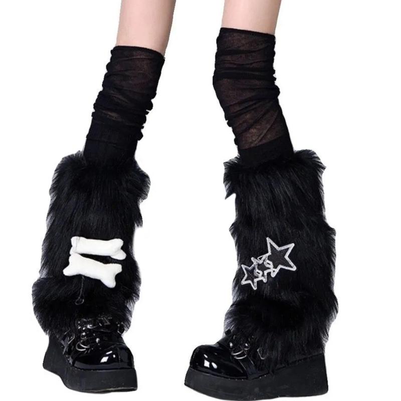 Plush Furry Leg Warmers Socks for Women Girls Sweet Bowknot Star Winter Boot Toppers Leg Covers for Christmas Festivals