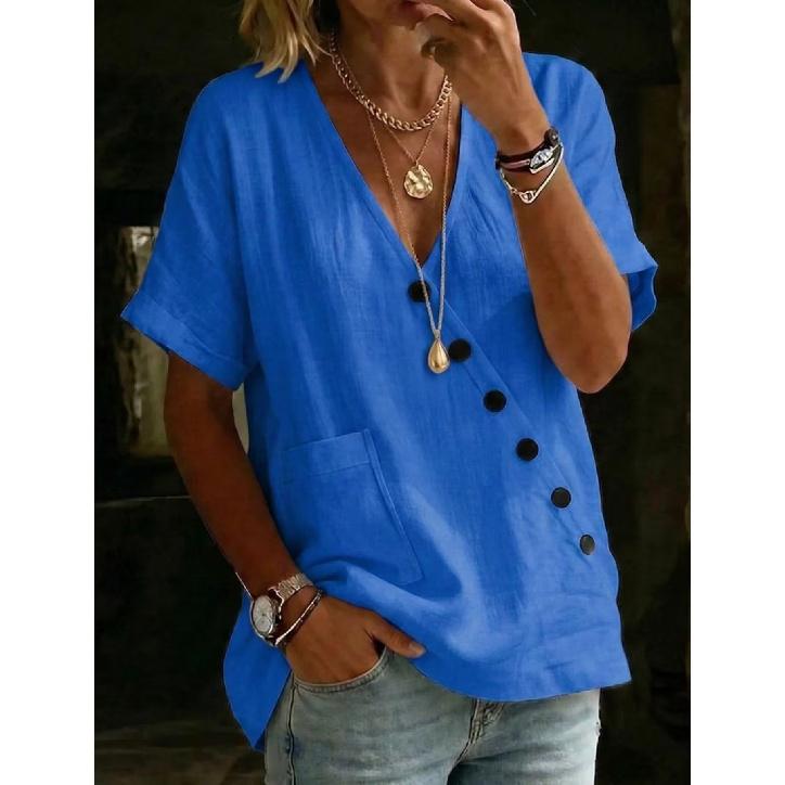 2026 New Women s V-neck Solid Color Casual Comfortable Button Cotton-linen Shirt S синий