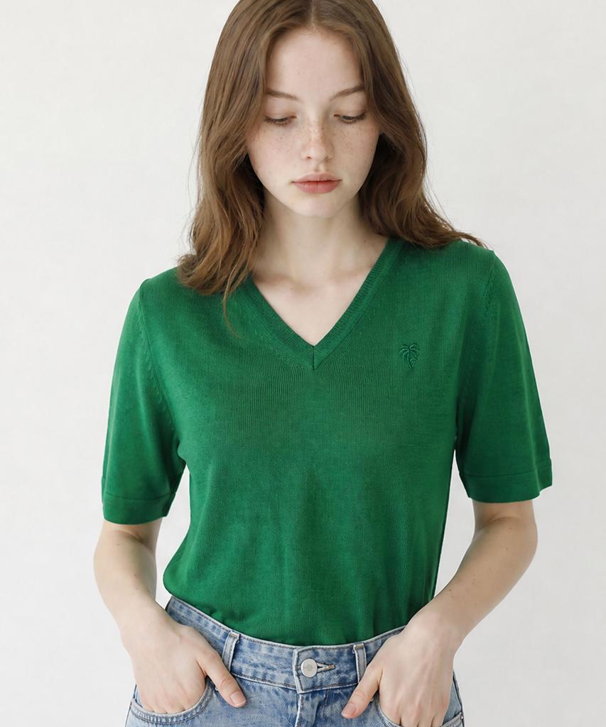 Seuneogeuyu Ether Palm Silk V-Neck Short Sleeve Knit Pullover_Green_S M