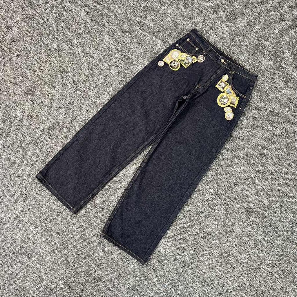High Quality Y2K Harajuku Jeans Goth Vintage Plum Blossom Embroidery Pattern Wide Leg Pants Denim Fabric American Style Street Wear Unisex
