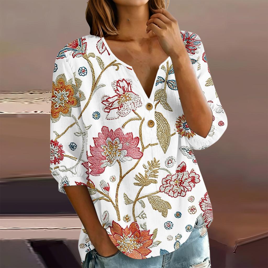 Women Floral Print Henley Button Neck Shirt Three Quarter Sleeve Cotton Linen Blouse Casual Loose Fit Top