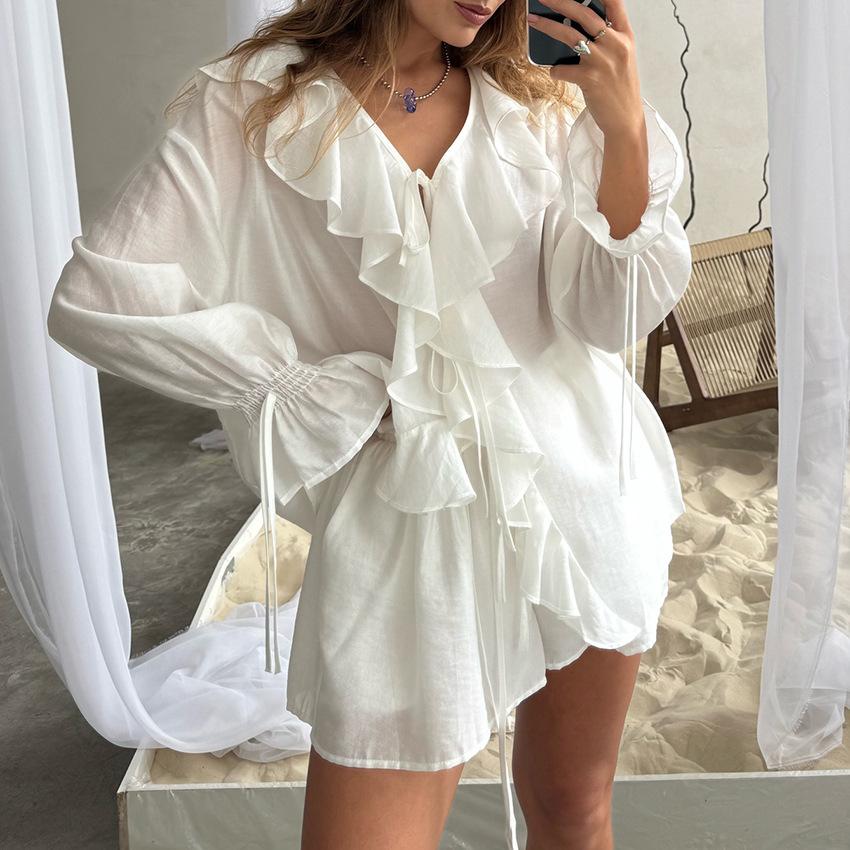 Summer Designer Ruffles Fashion Casual Suit Lace-Up Cardigan Shirt Top + Shorts Two Peice Sets Women Loose Suits