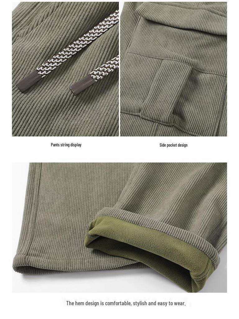 Men's Winter Corduroy Work Pants: Fleece-Lined, Thick, Loose, Wide-Leg, Straight Casual.