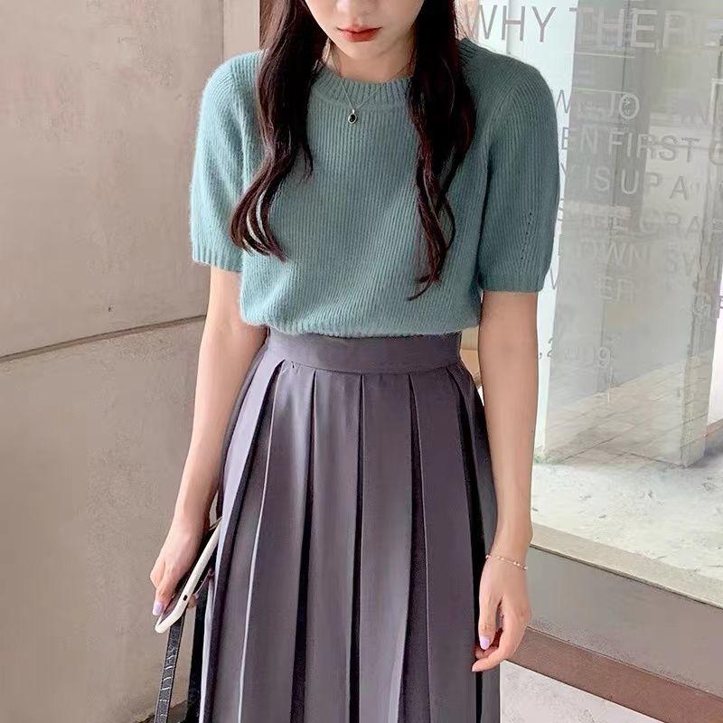 

Футболка с коротким рукавом, женский пуловер, корейская версия, ретро, ​​высококачественное ощущение, иностранный стиль, простой и универсальный короткий трикотаж, топ XL зелёный