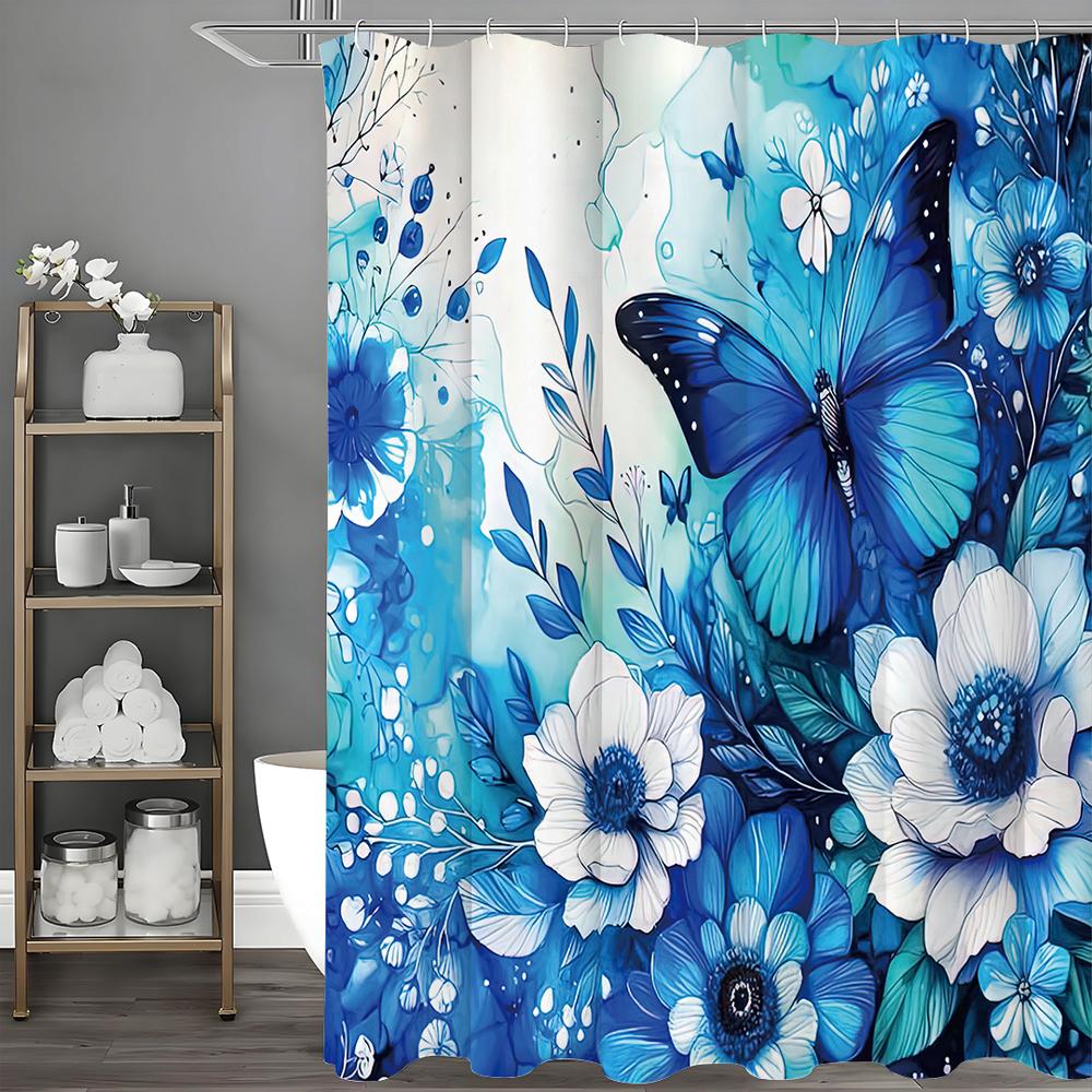 Floral Butterfly Shower Curtain, Blue Spring Bathroom Decorative Shower Curtain, Waterproof Shower Curtain with Hooks
