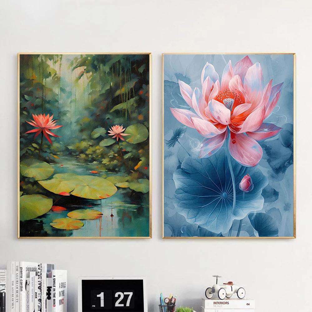 Serenity Lotus Pond Posters Beautiful Lotus Flower Lagical Modern Leaf Prints Canvas Wall Art Pictures Home Living Room Decor