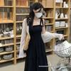 Plus Size French Hepburn-Style Black Camisole Dress & Cardigan Set - Retro, Slimming, Sun-Protective Summer Two-Piece.
