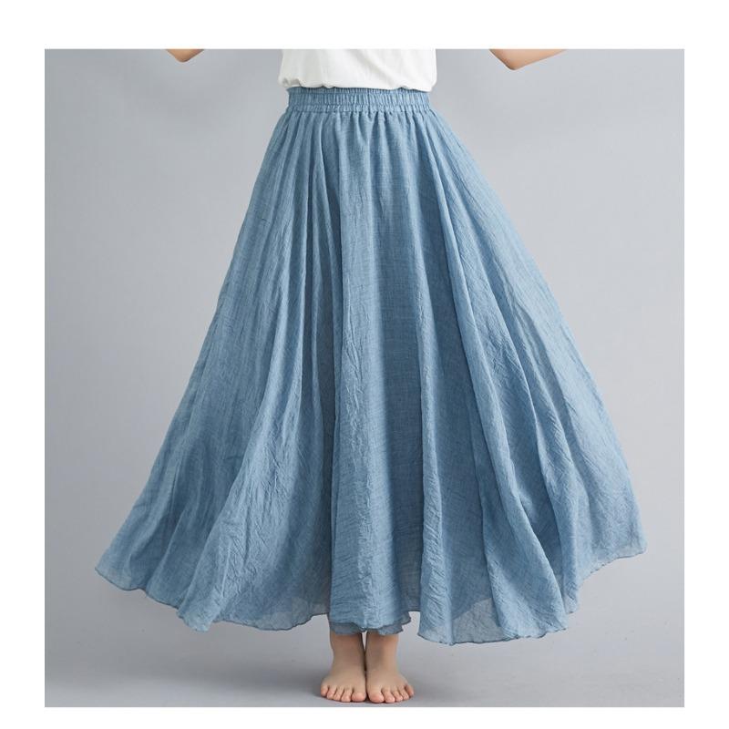 Long A-line Skirt In Cotton and Linen with Elastic Waist In Pure Color for Summer and Autumn