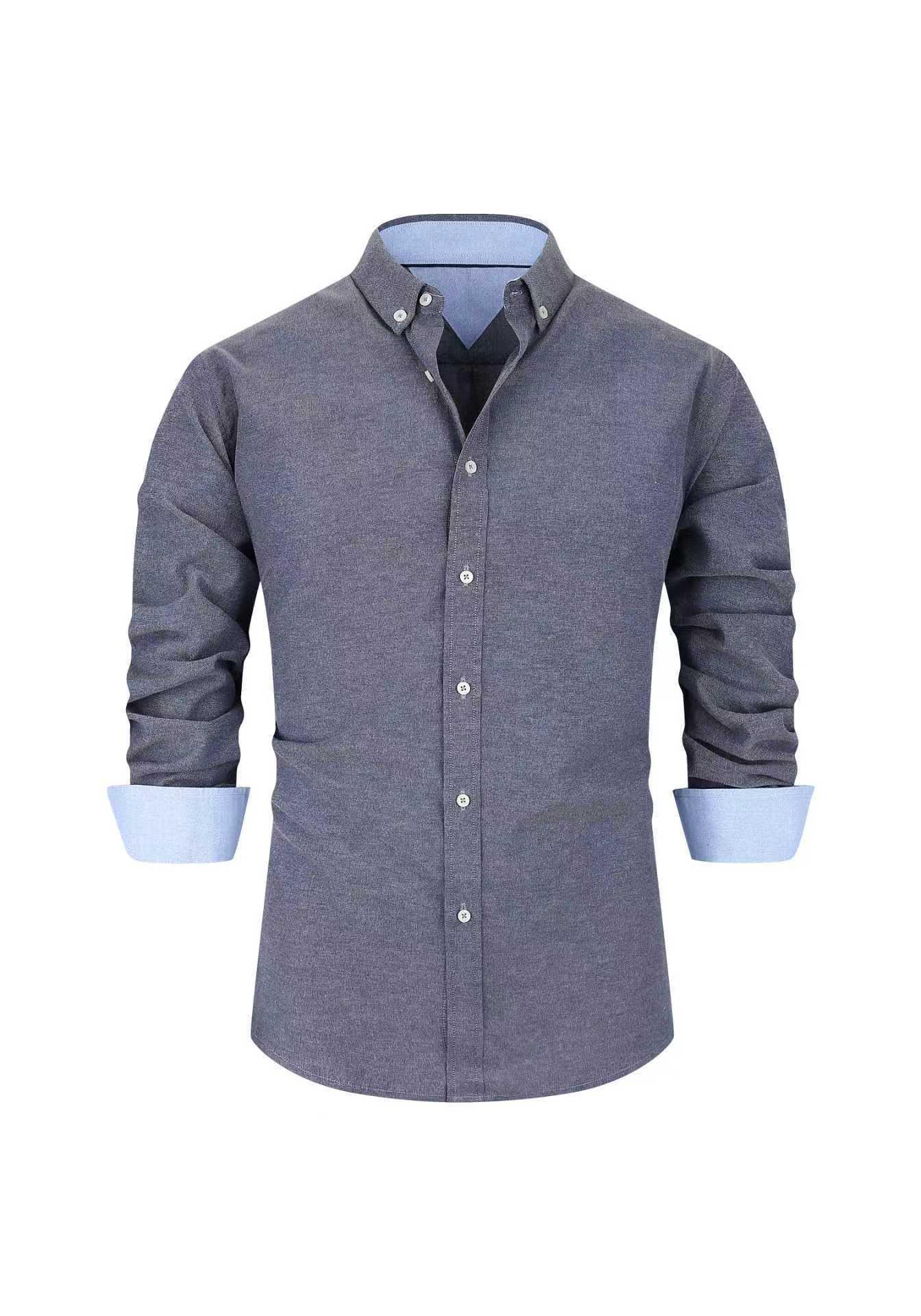 

European Men s Solid Color Oxford Long-Sleeve Shirt - Casual Cotton Blend Top Double Extra Large