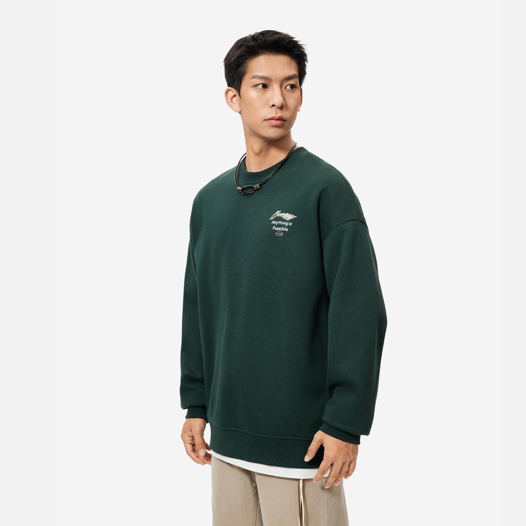 Li Ning Sports Lifestyle Series Brand Logo Anti-Static Fleece Warm Loose Crewneck Sweatshirt Men Sweatshirt Green AWDU981-11