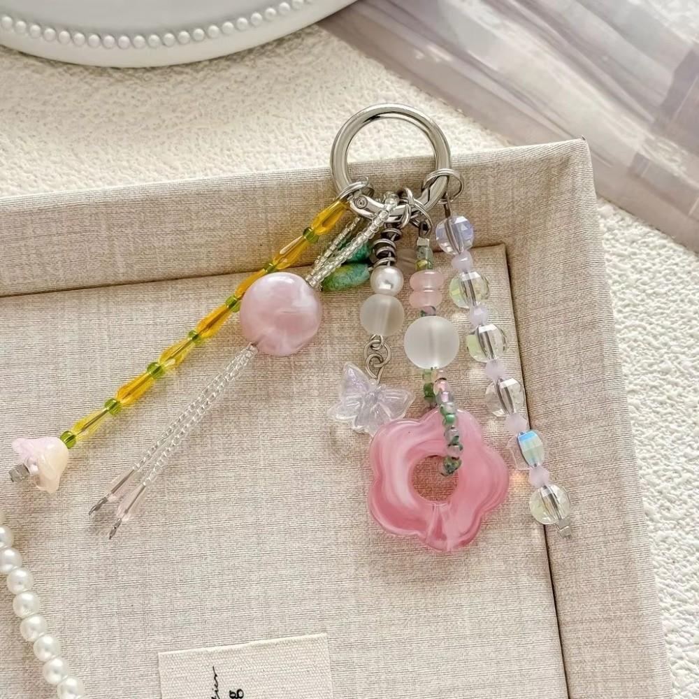 Tassel Beaded Keychain Pink Flower Hangings Ornaments Cute Bag Charm