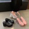 Fashion Slippers Women Summer Slides Shoes Low Big Size Heeled Mules Square heel Denim High Block Fabric Rubber Rome PU Super Cotton