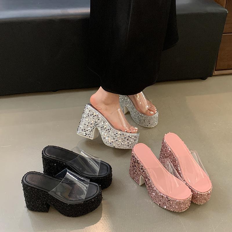 Fashion Slippers Women Summer Slides Shoes Low Big Size Heeled Mules Square heel Denim High Block Fabric Rubber Rome PU Super Cotton