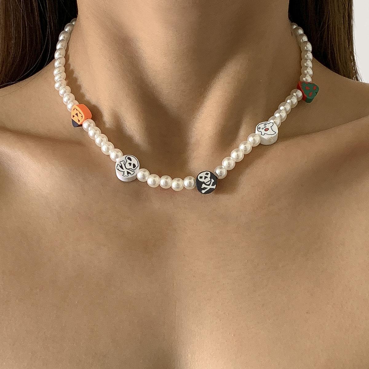 Creative Color Christmas Funny Imitation Pearl Necklace, Jewelry Soft Pottery Pattern Beaded Necklace Jewelry Women