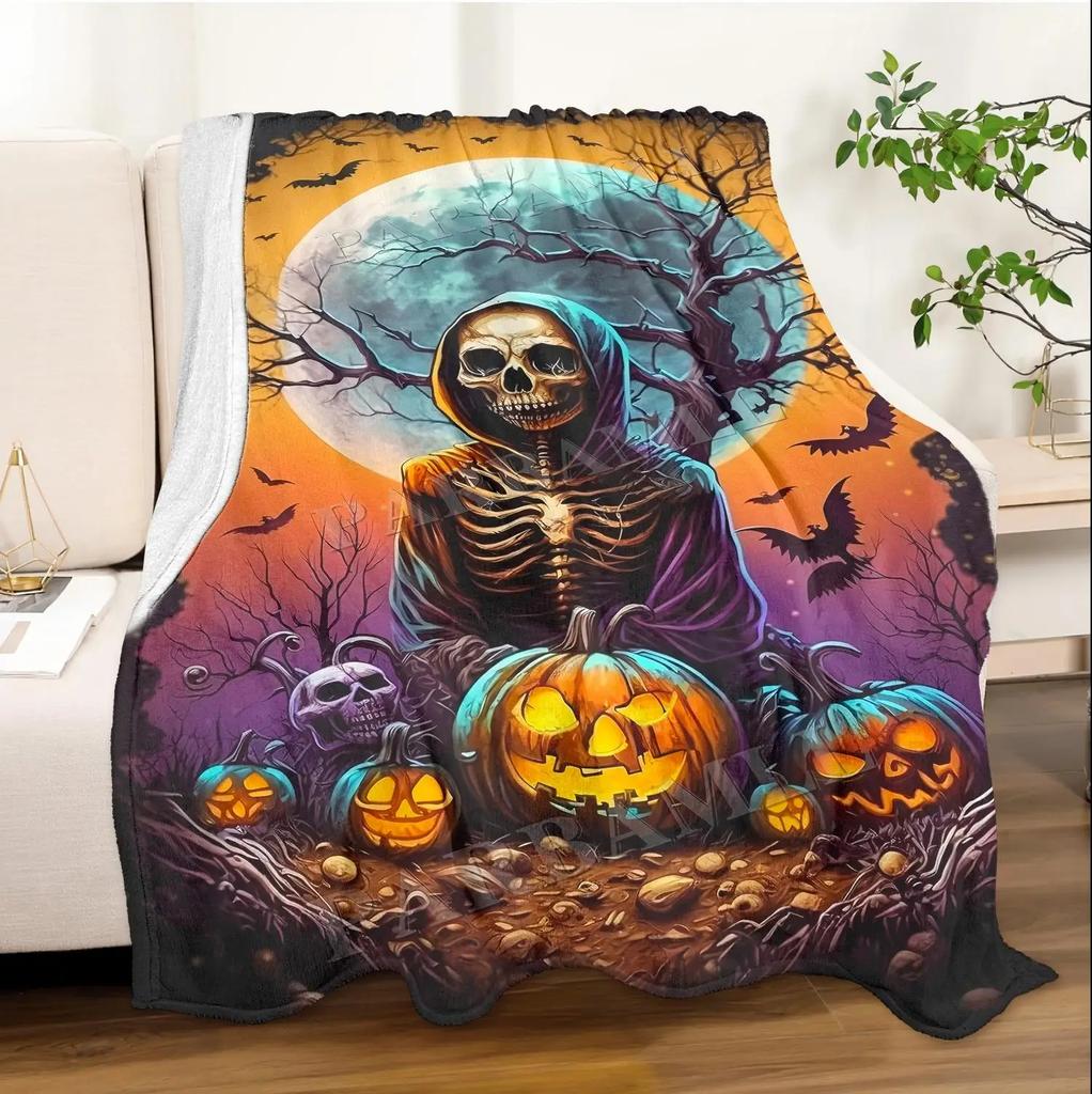 Halloween Throw Blanket – Skeleton, Pumpkin, Skull, Ghost & Bats Print for Couch, Bed, Car, Home, Camping, All-Season Use