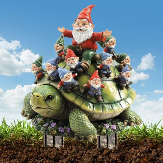Gnome Family On Turtle Garden Stake Outdoor Acrylic Gnome Turtle Figurine with Stake for Lawn Patio Balcony Yard Decor